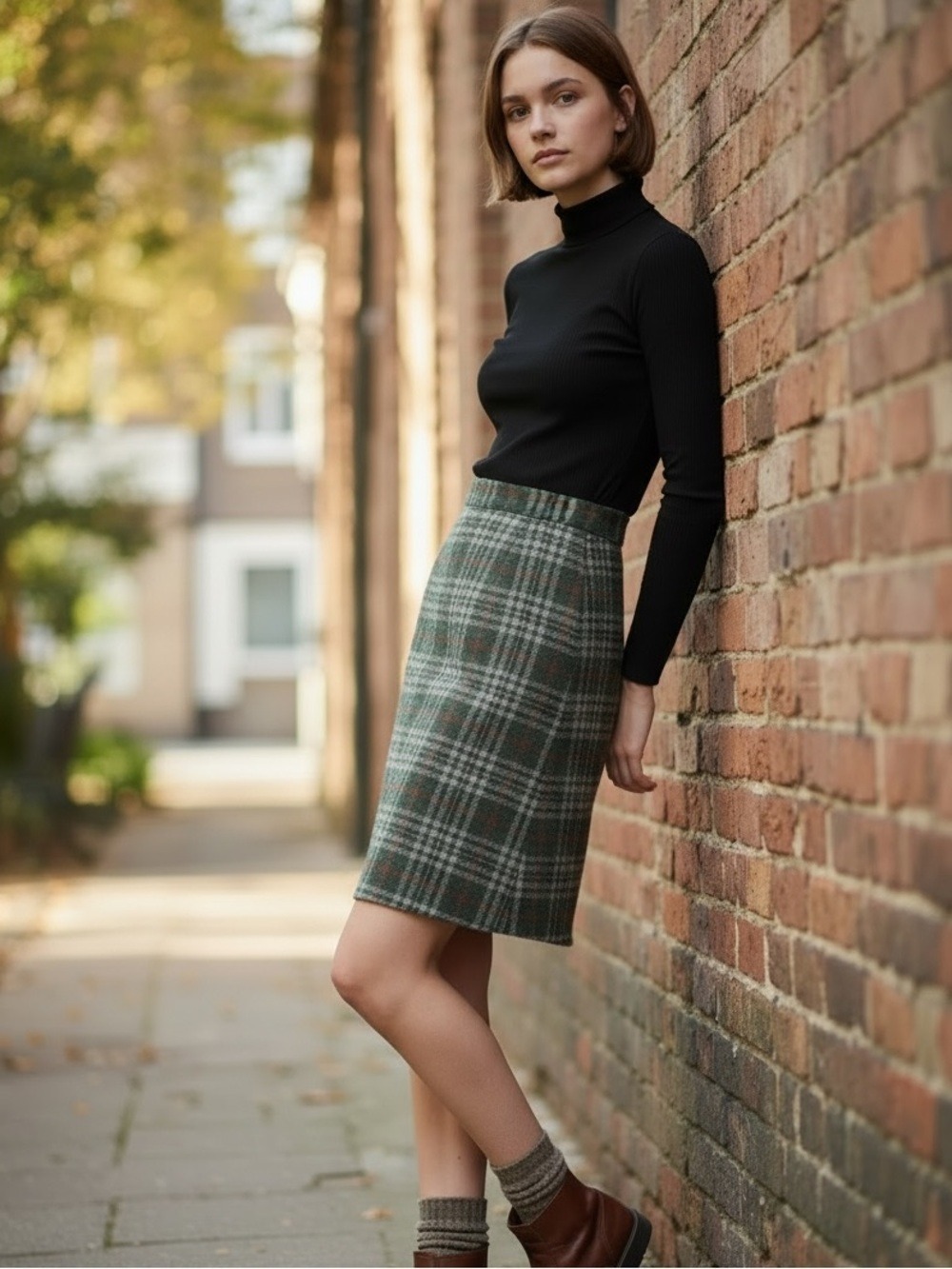 60s HANDMADE WOOL GREEN PLAID LINED A-LINE SKIRT PREPPY HERITAGE TARTAN SZ S